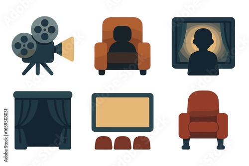 Cinematic Room Icons. Flat vector mini-illustrations cinematic dark room scenes in colors children's