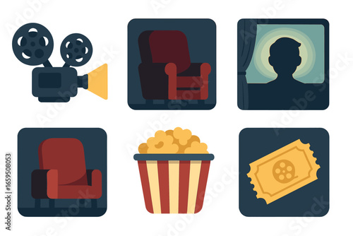 Cinematic Room Icons. Flat vector mini-illustrations cinematic dark room scenes in colors children's