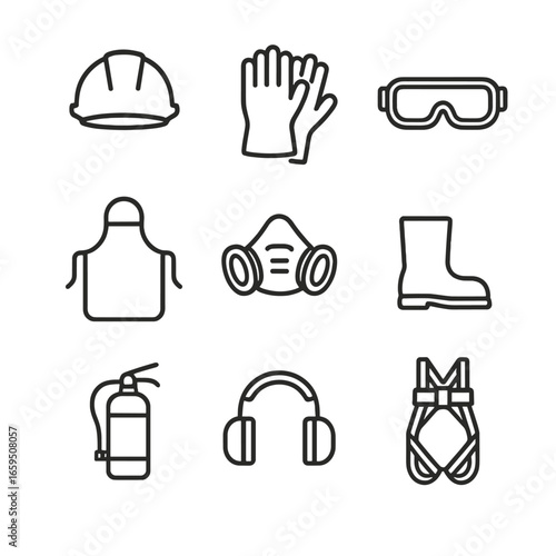 Smelting Safety Icons. Outline icon set of smelting safety gear: helmet, fire-resistant gloves, safety goggles, protective apron,