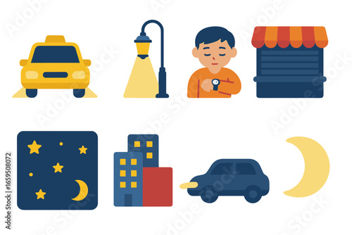 City Night Vibes. Flat vector mini-illustrations City night waiting scenes in colors children's illustrations: