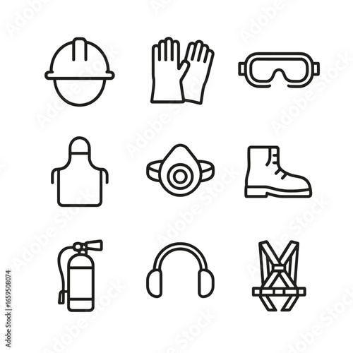 Smelting Safety Icons. Outline icon set of smelting safety gear: helmet, fire-resistant gloves, safety goggles, protective apron,
