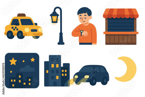 City Night Vibes. Flat vector mini-illustrations City night waiting scenes in colors children's illustrations: