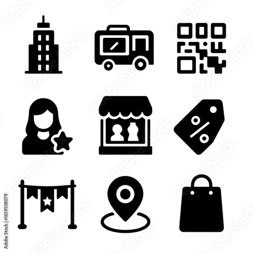 City Promotion Icons. Solid, filled icons set of city-specific promotions: skyscraper, public transport ad, QR