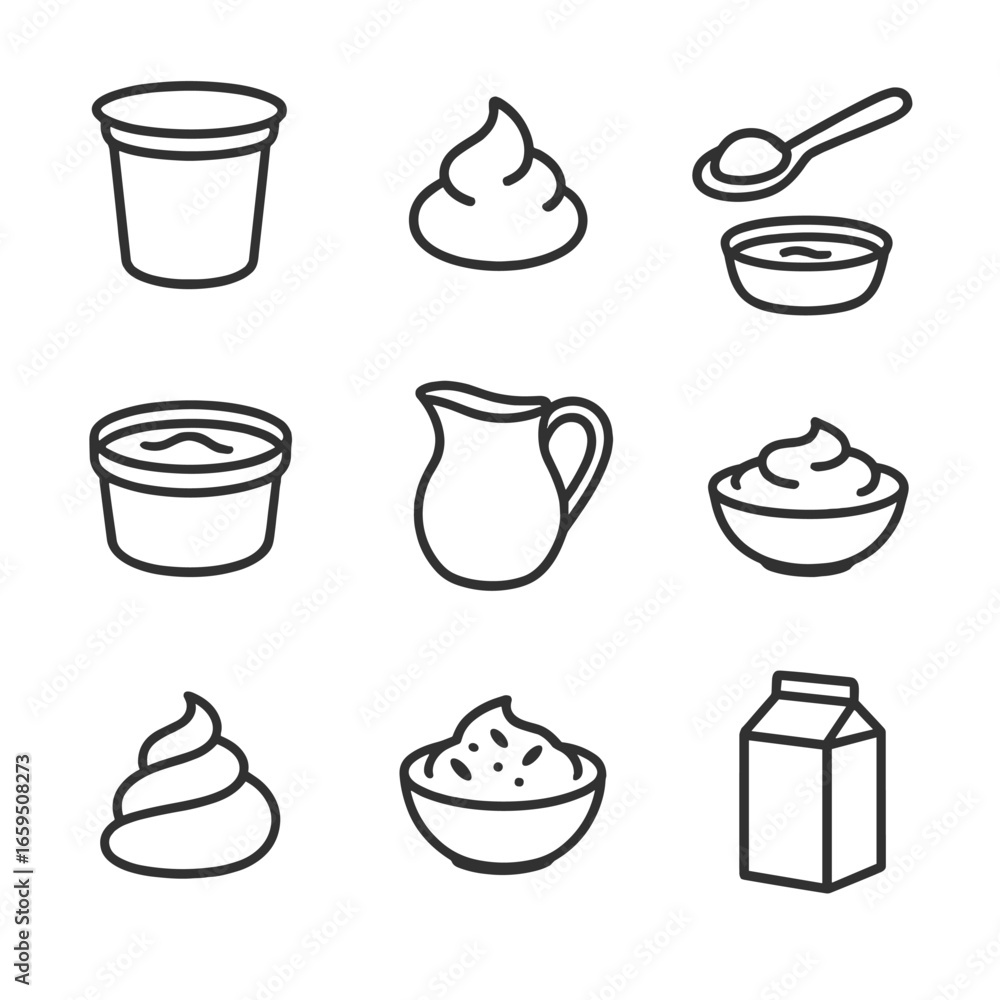 Fototapeta premium Sour Cream Icon Set. Outline icon set of sour cream products: sour cream container, dollop of sour cream, spoon with sour cream,