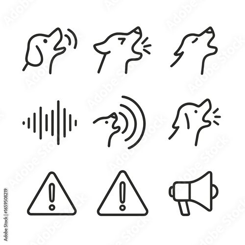 Sound Icons Collection. Outline icon set of bark in sound: loud sound, shout, howl, scream, sound wave, echo, noise, alert,