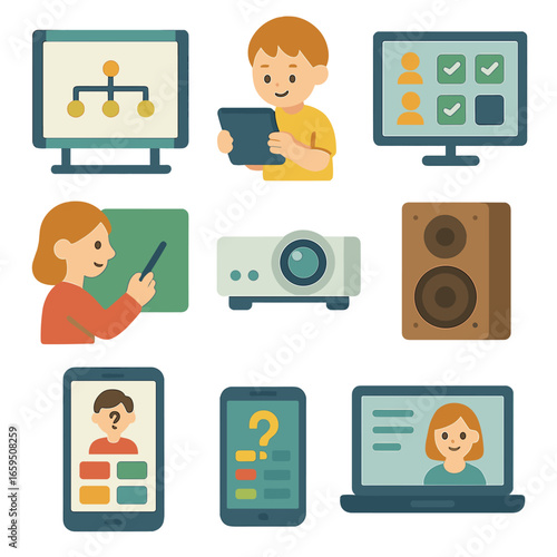 Classroom Technology Icons. Flat vector mini-illustrations Classroom technology in use in colors children's