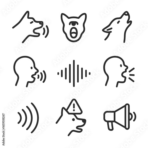 Sound Icons Collection. Outline icon set of bark in sound: loud sound, shout, howl, scream, sound wave, echo, noise, alert,