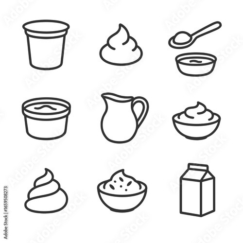 Sour Cream Icon Set. Outline icon set of sour cream products: sour cream container, dollop of sour cream, spoon with sour cream,