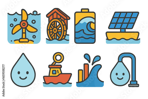 Clean Energy Icons. Flat vector mini-illustrations of hydro and wave energy startups in colors children's