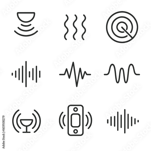 Soundwave Icon Set. Outline icon set of soundwave in technology: ultrasound, infrared, radar waves, communication signal, seismic