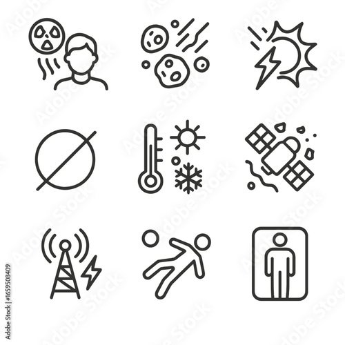 Space Hazard Icon Set. Outline icon set of deep space environmental hazards: cosmic radiation, micrometeoroids, solar flares,