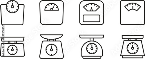 Scale and weight icons set in line styles. Collection and group of balance, measurement, kilogram, pound, health, fitness, kitchen, laboratory and industrial weighing scale symbols.