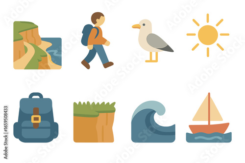 Cliffside Adventure Icons. Flat vector mini-illustrations ocean view from cliffs in colors children's