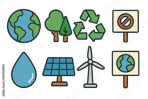 Climate Action Icons. Flat vector mini-illustrations climate change protests in colors children's