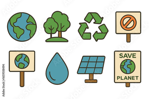 Climate Action Icons. Flat vector mini-illustrations climate change protests in colors children's