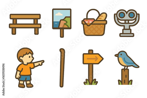 Clifftop Adventure Icons. Flat vector mini-illustrations Clifftop scenery in colors children's illustrations: