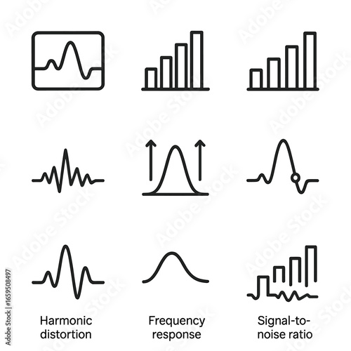 Spectrum Analysis Icons. Outline icon set of frequency spectrum analysis: spectrum analyzer, frequency bands, signal strength,