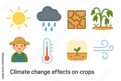 Climate Impact Icons. Flat vector mini-illustrations Climate change effects on crops in colors children's