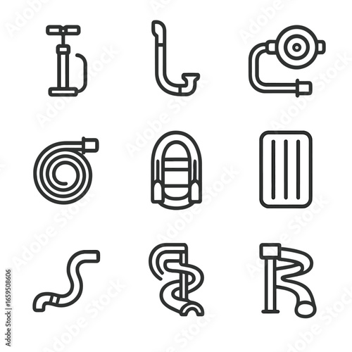 Sport Tubes Icon Set. Outline icon set of sport tubes: bicycle pump tube, snorkel tube, diving regulator tube, air hose, fire hose