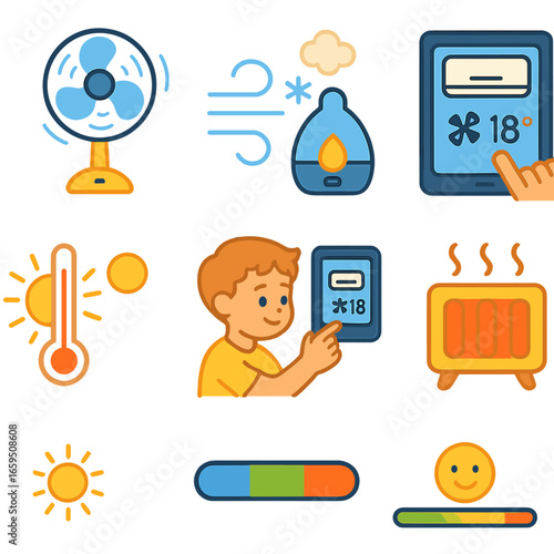 Climate Control Icons. Flat vector mini-illustrations climate control automation in colors children's