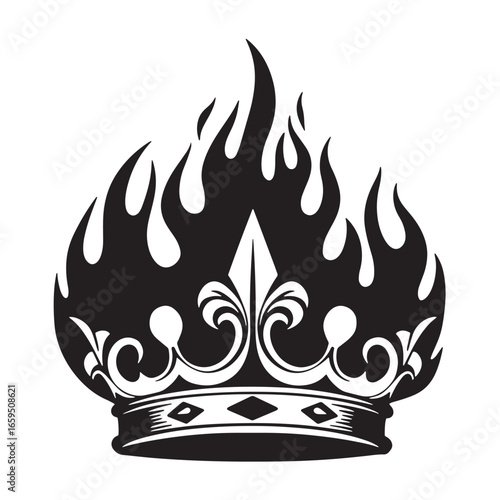 Decorative black and white crown design featuring flames for heraldry and badges