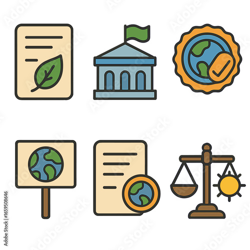Climate Policy Icons. Flat vector mini-illustrations Climate policy change symbols in colors children's