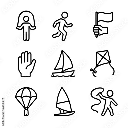 Sports Movement Icons. Outline icon set of flutter in sports and movement: jump rope, skipping motion, flag signaling, waving hand