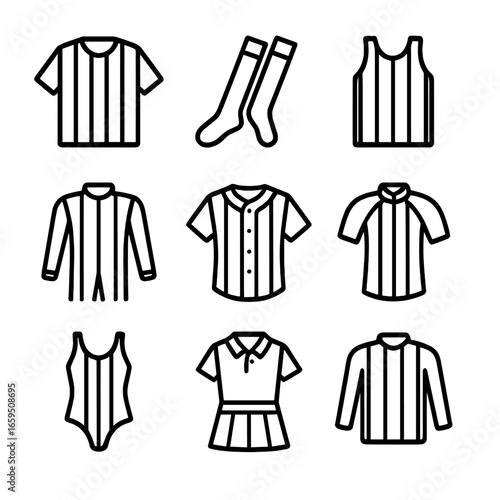 Sports Uniform Icons. Outline icon set of striped sports uniforms: referee jersey, soccer socks, basketball jersey, racing suit,