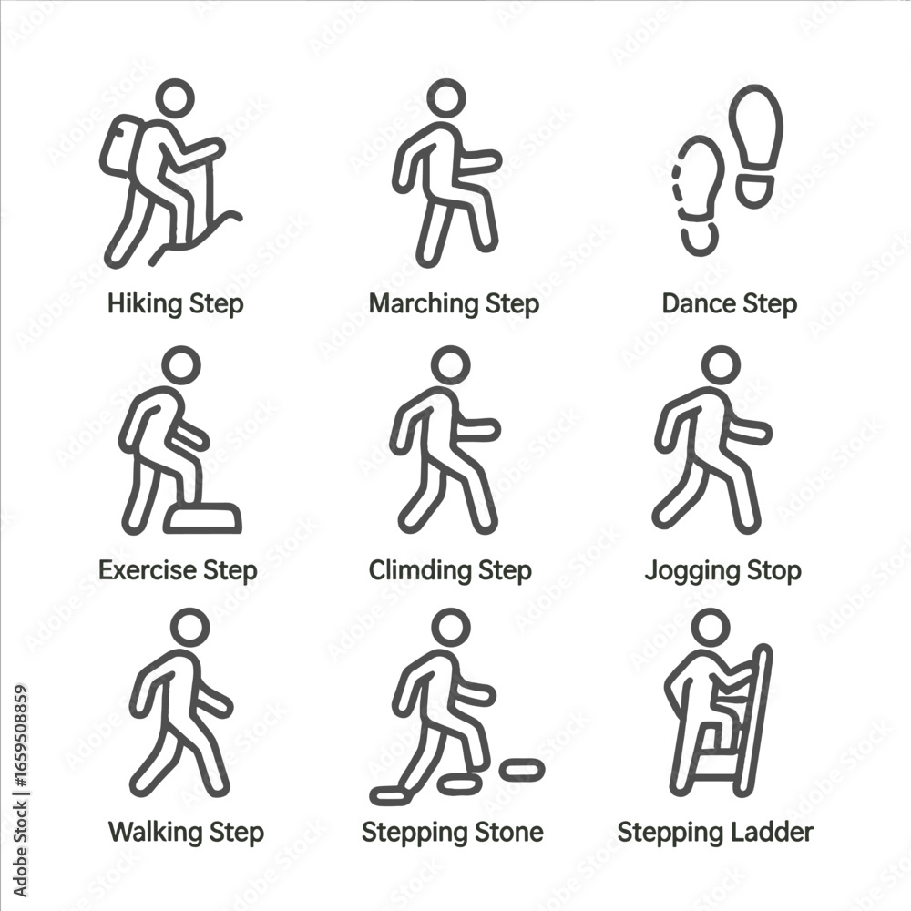 Step Activity Icons. Outline icon set of step related activities: hiking step, marching step, dance step, exercise step, climbing Step Activity Icons. Outline icon set of step related activities: hiking step, marching step, dance step, exercise step, climbing