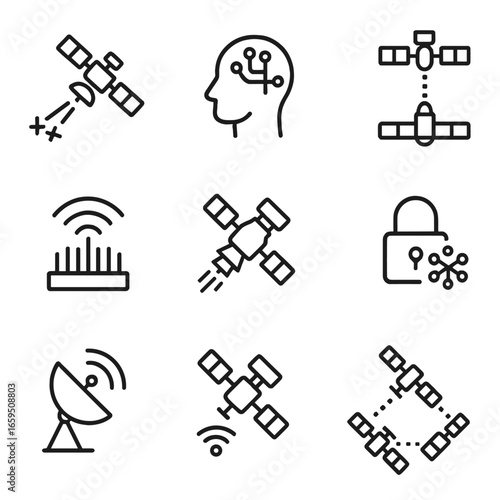 Starlink Future Tech Icons. Outline icon set of Starlink future technologies: laser communication, AI control, inter-satellite
