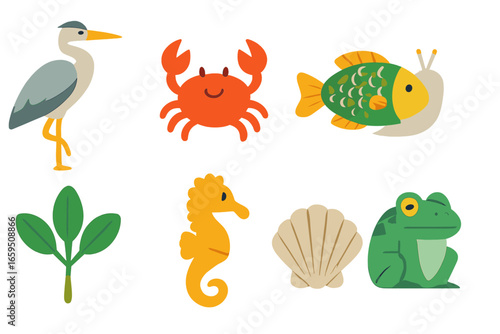 Coastal Wildlife Icons. Flat vector mini-illustrations coastal wildlife in colors children's illustrations:
