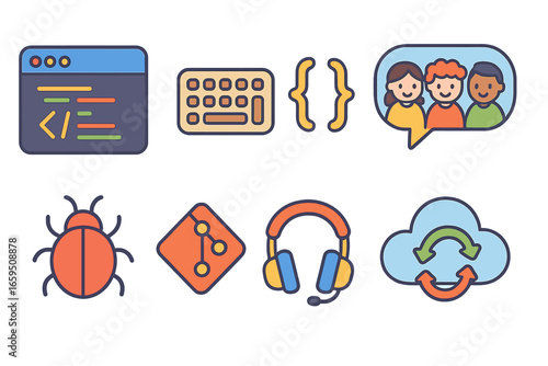 Coding Team Icons. Flat vector mini-illustrations Coding and programming team collaboration in colors children