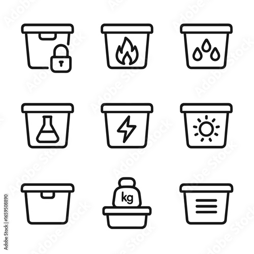 Storage Bin Safety Icons. Outline icon set of storage bin safety: child lock, fireproof, waterproof, chemical resistant,