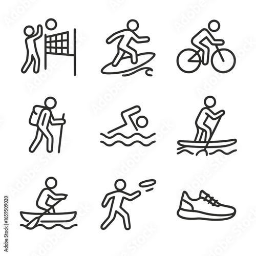 Summer Sports Icons. Outline icon set of summer sports: beach volleyball, surfing, cycling, hiking, swimming, paddleboarding,