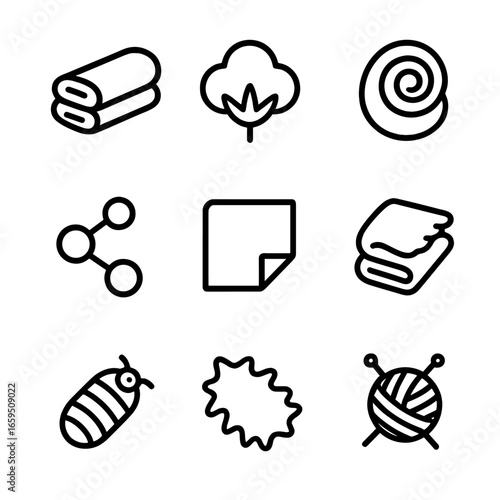 Stuffed Material Outlines. Outline icon set of stuffed animal materials: plush fabric, cotton, wool, polyester, velvet, fleece,
