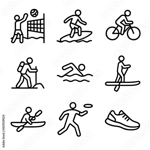 Summer Sports Icons. Outline icon set of summer sports: beach volleyball, surfing, cycling, hiking, swimming, paddleboarding,