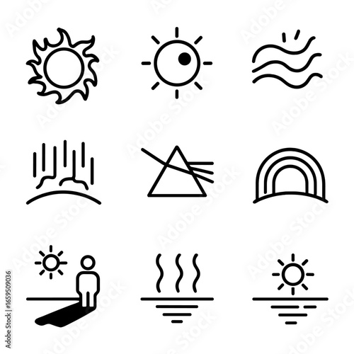 Sunlight Phenomena Icons. Outline icon set of sunlight-related phenomena: solar flare, sunspot, solar wind, aurora, light