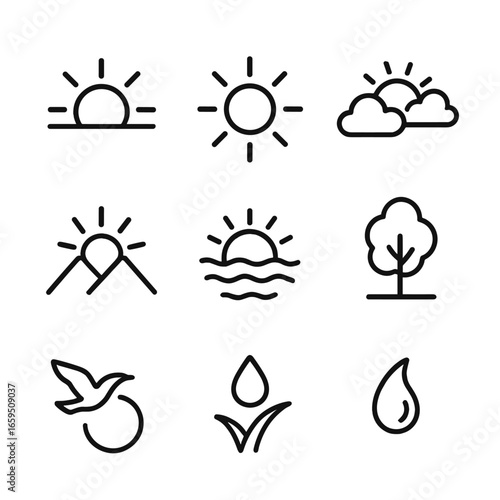 Sunrise Icon Set. Outline icon set of sunrise: rising sun, sun rays, horizon, clouds, mountain silhouette, bird flying, sea waves,