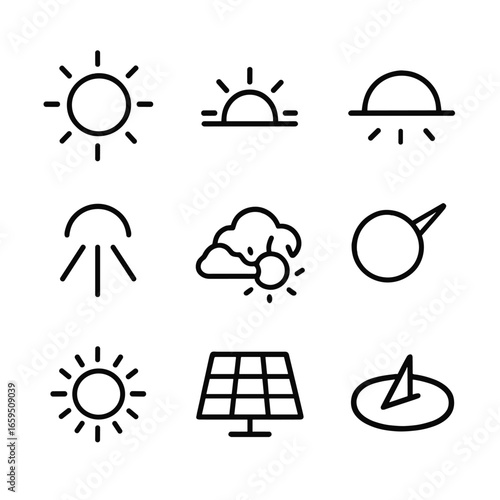 Sunlight Source Icons. Outline icon set of sunlight sources: sun, sunrise, sunset, sunbeam, sunlight through clouds, solar flare,