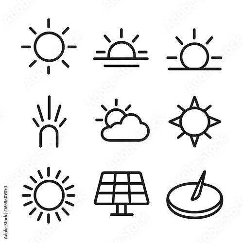Sunlight Source Icons. Outline icon set of sunlight sources: sun, sunrise, sunset, sunbeam, sunlight through clouds, solar flare,