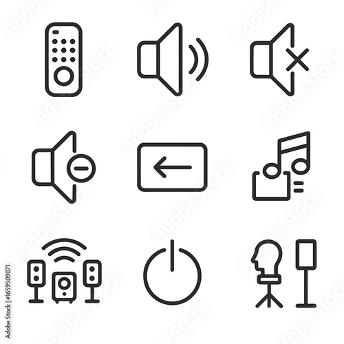Surround Sound Icons. Outline icon set of surround sound user interactions: remote control, volume up, volume down, mute, input
