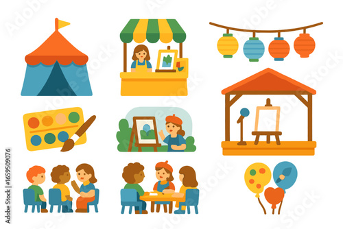 Colorful Art Festival Icons. Flat vector mini-illustrations Outdoor art festivals in colors children's