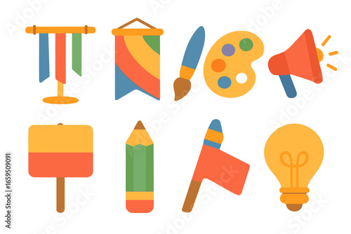 Colorful Art Installations. Flat vector mini-illustrations art installations for change in colors children's