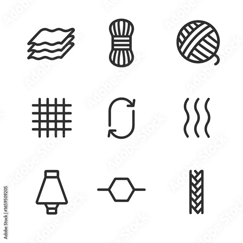 Synthetic Materials Icons. Outline icon set of synthetic materials: polyester, nylon, acrylic, spandex, rayon, polyurethane, PVC,
