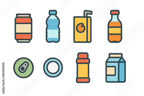 Colorful Beverage Icons. Flat vector mini-illustrations Beverage packaging in colors children's illustrations: