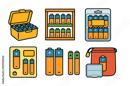 Colorful Battery Storage Icons. Flat vector mini-illustrations battery storage in colors children's
