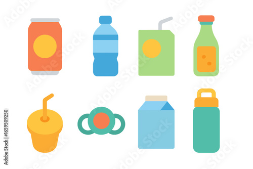 Colorful Beverage Icons. Flat vector mini-illustrations Beverage packaging in colors children's illustrations: