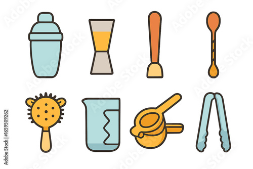 Colorful Bar Tools. Flat vector mini-illustrations Signature bar tools in colors children's illustrations: