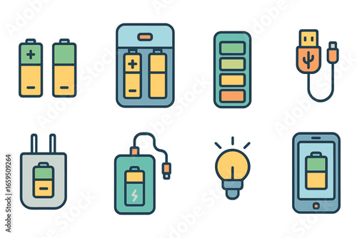 Colorful Battery Icons. Flat vector mini-illustrations battery charging in colors children's illustrations: