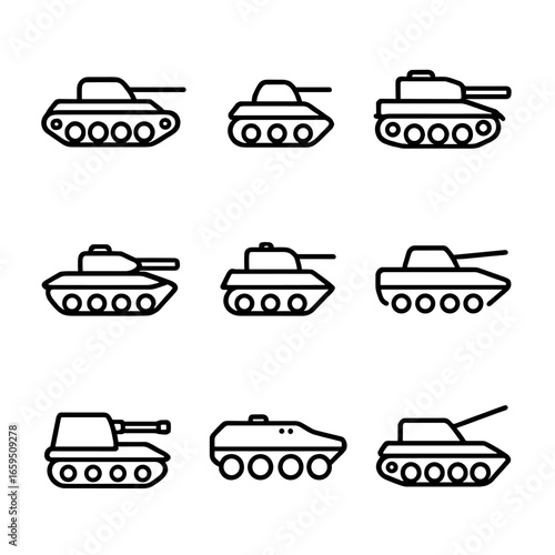 Tank Icon Set. Outline icon set of tank types: battle tank, light tank, heavy tank, amphibious tank, reconnaissance tank, main